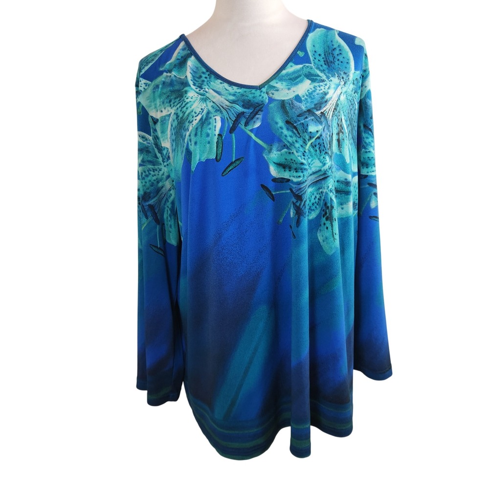 Bob Mackie Wearable Art 1X Top Blue Floral Lily Print V-Neck‎ Long Sleeve Flowy